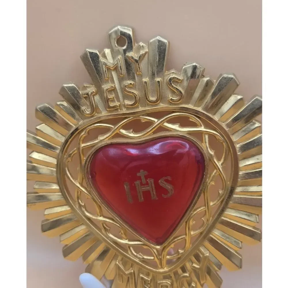 My Jesus Mercy IHS Plague Gold Plated Red Sacred